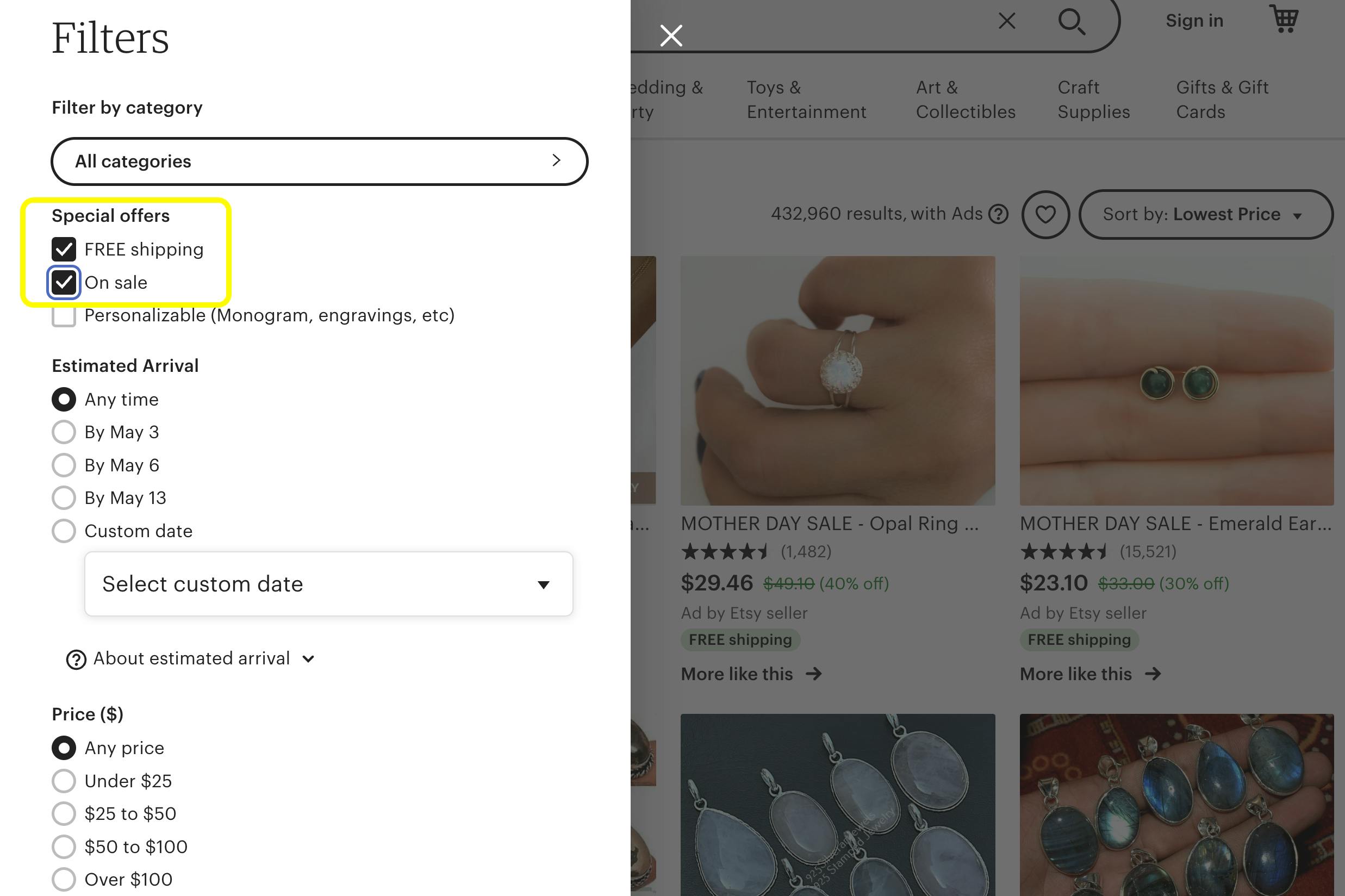 A screenshot of a Etsy page with the filter bar showing, with FREE shipping and On Sale filters selected.