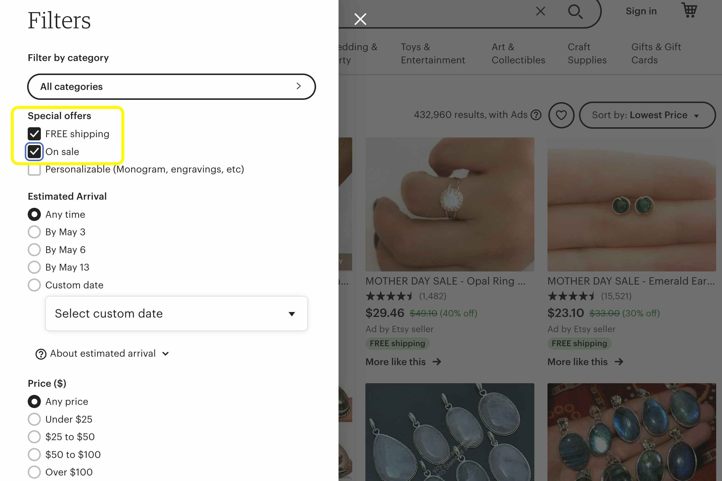A screenshot of a Etsy page with the filter bar showing, with FREE shipping and On Sale filters selected.