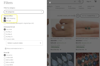 A screenshot of a Etsy page with the filter bar showing, with FREE shipping and On Sale filters selected.