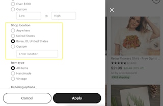 A screenshot of an Etsy page with the filter box open and the shop location selected for Boise, ID.