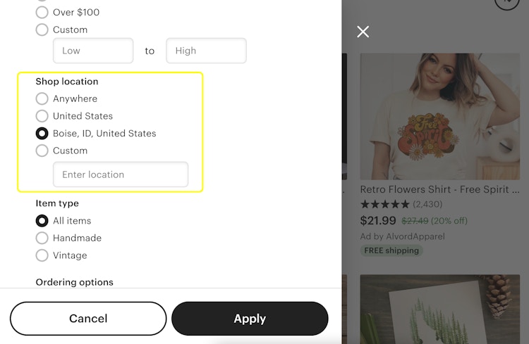 A screenshot of an Etsy page with the filter box open and the shop location selected for Boise, ID.