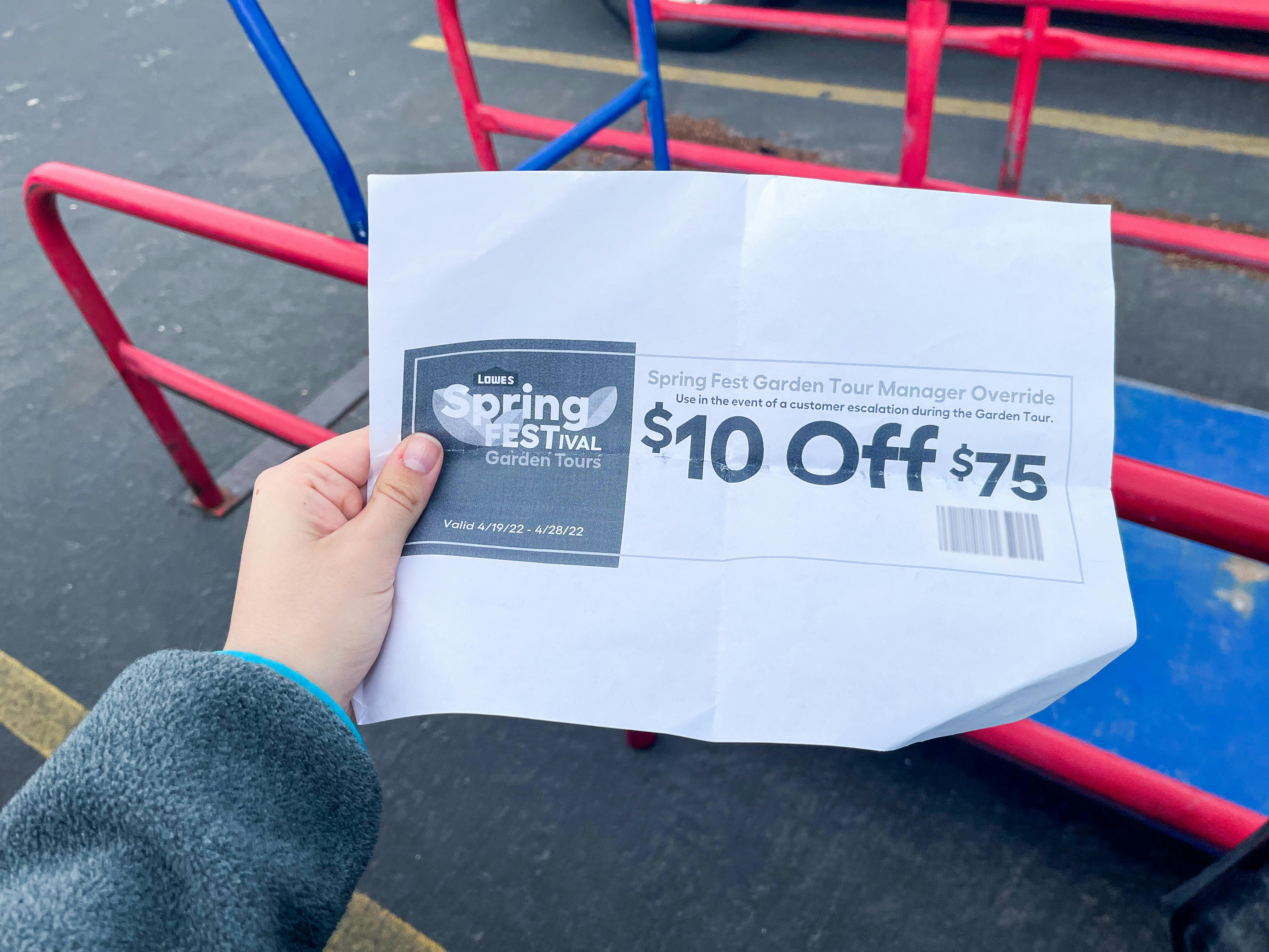 a Lowe's coupon for $10 off $75 purchases from attending a Spring Fest Garden Tour at Lowe's