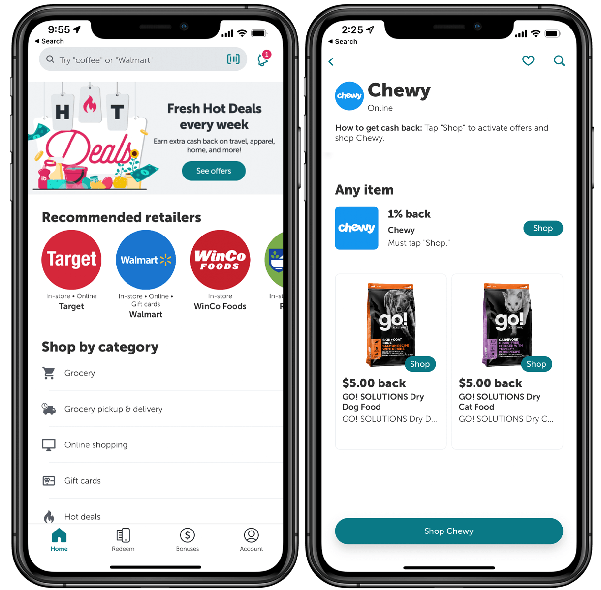 A graphic of two iPhones displaying the ibotta app main page and the Chewy offer page.