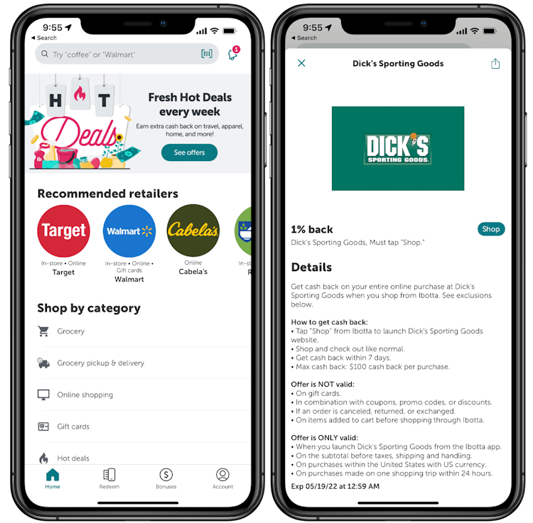 A graphic of two phones displaying Ibotta screenshots featuring the main page and Dick's Sporting Goods offers.