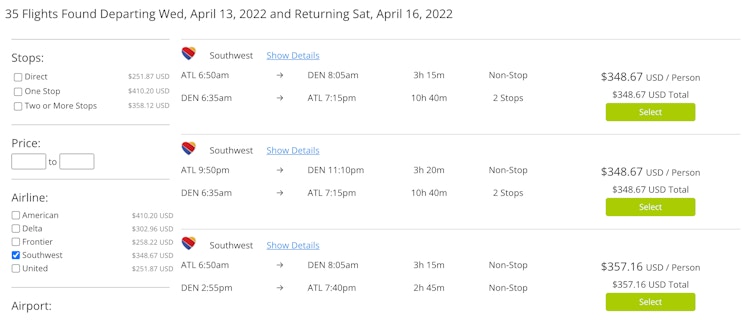 JIFU.com shows Southwest Airlines listings in their search results. 