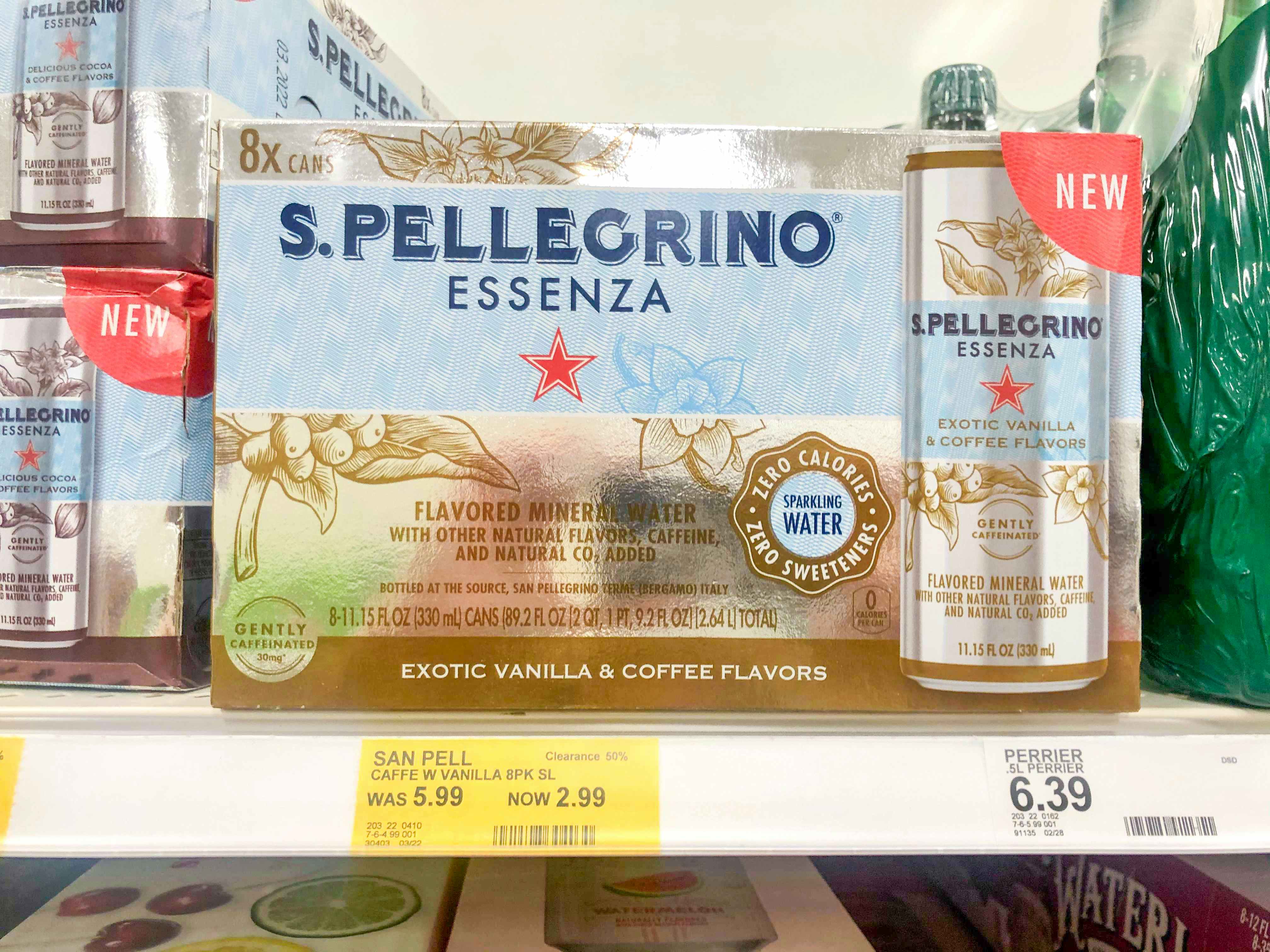 A box of San Pellegrino mineral water on a shelf at Target.