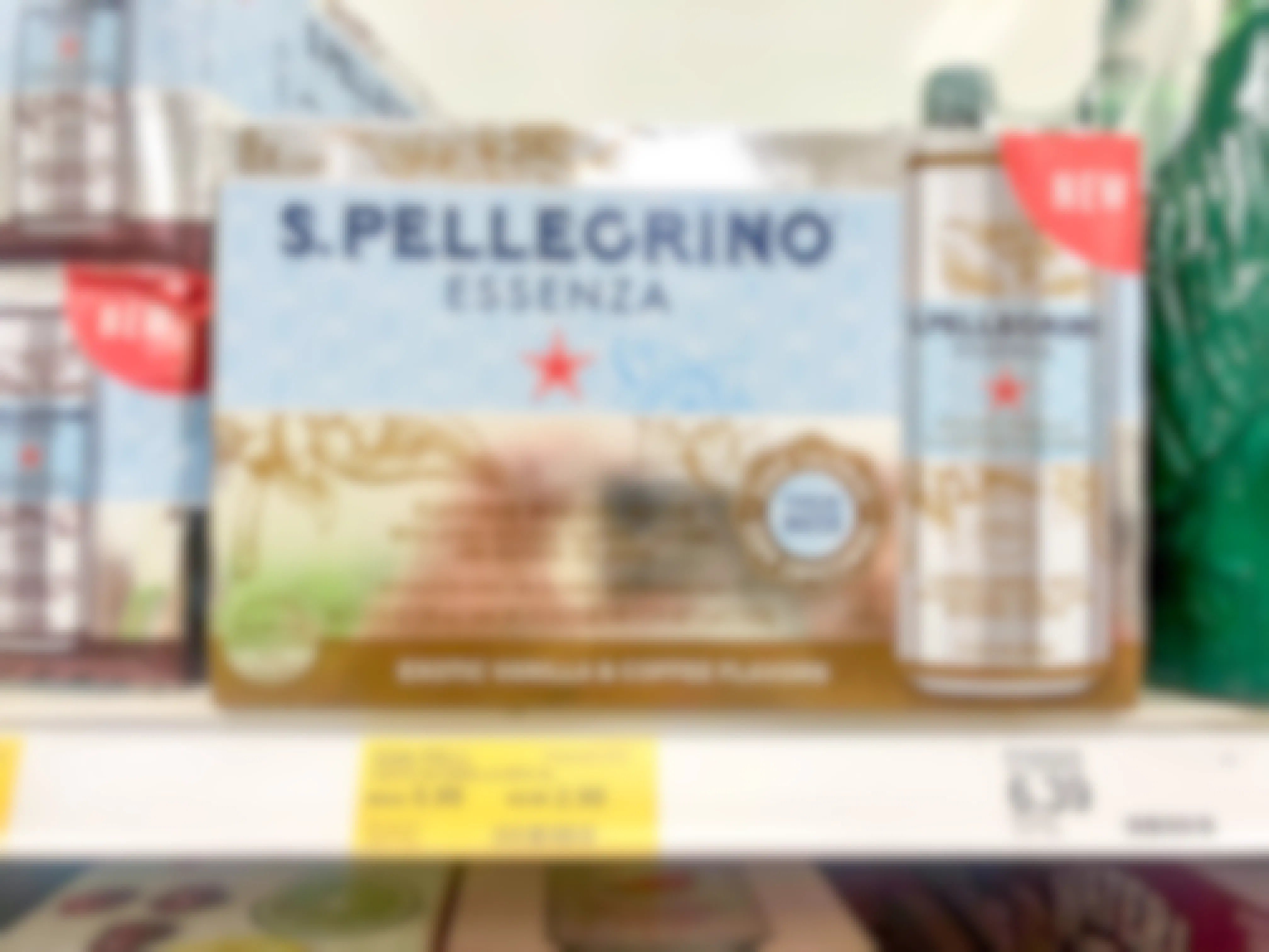 A box of San Pellegrino mineral water on a shelf at Target.