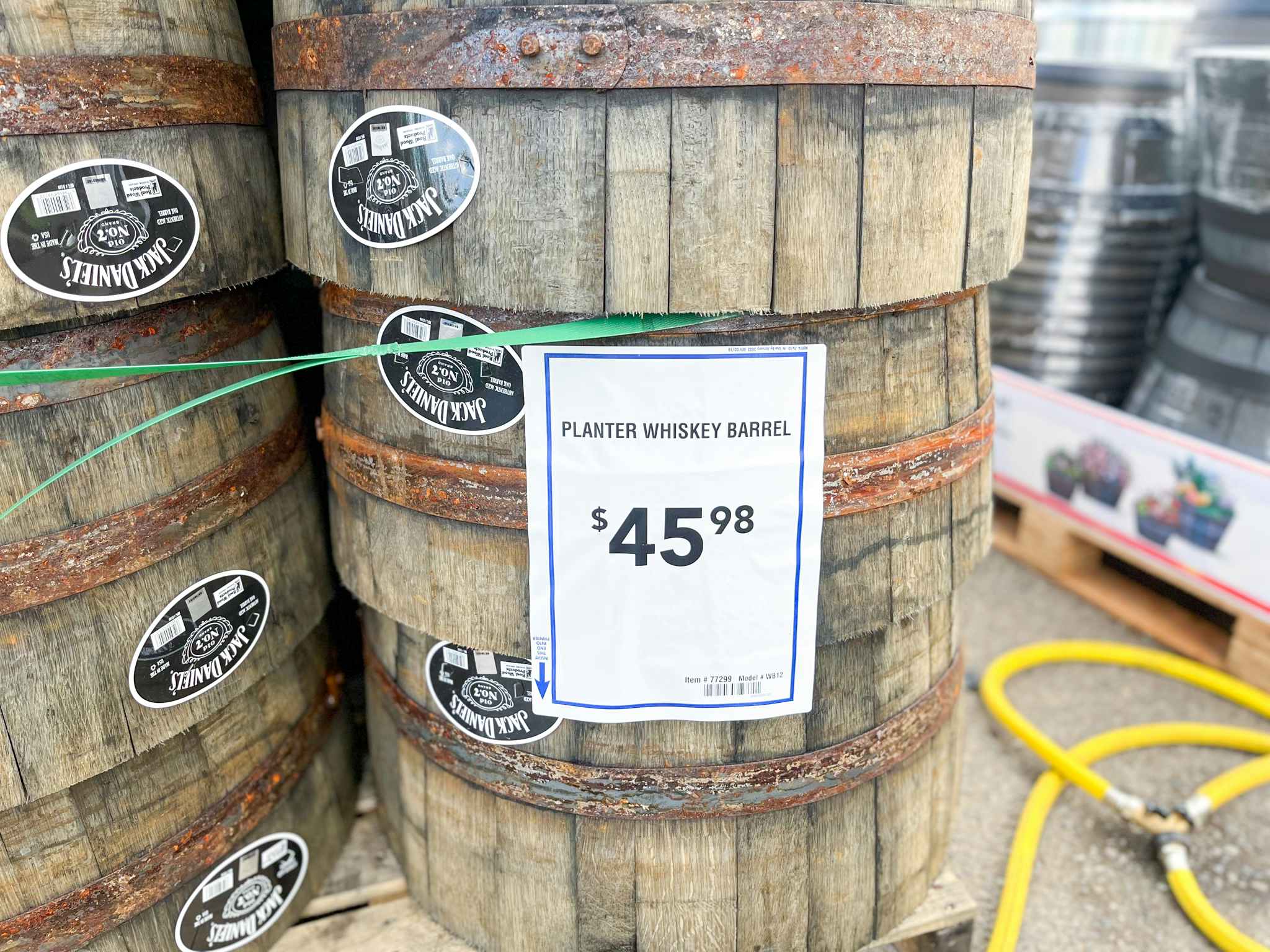 lowes jack daniels whiskey barrel planter on display