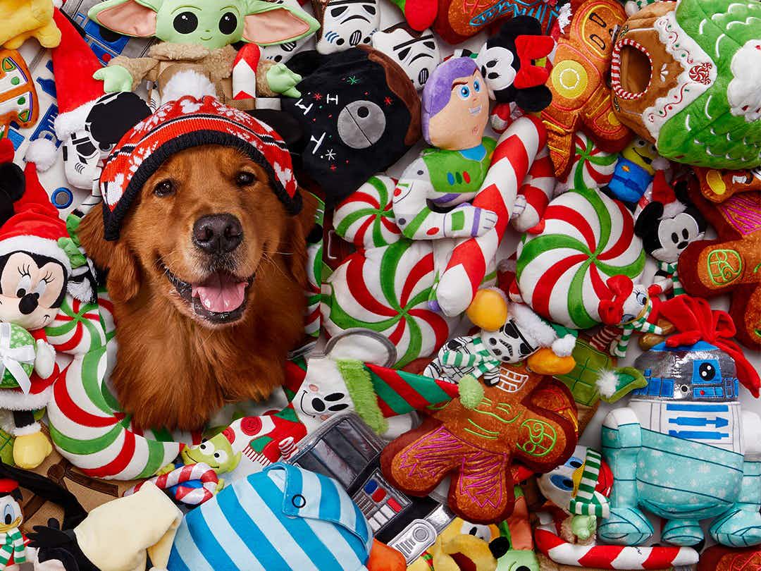 A dog's head sticking out of a pile of Disney Christmas toys.