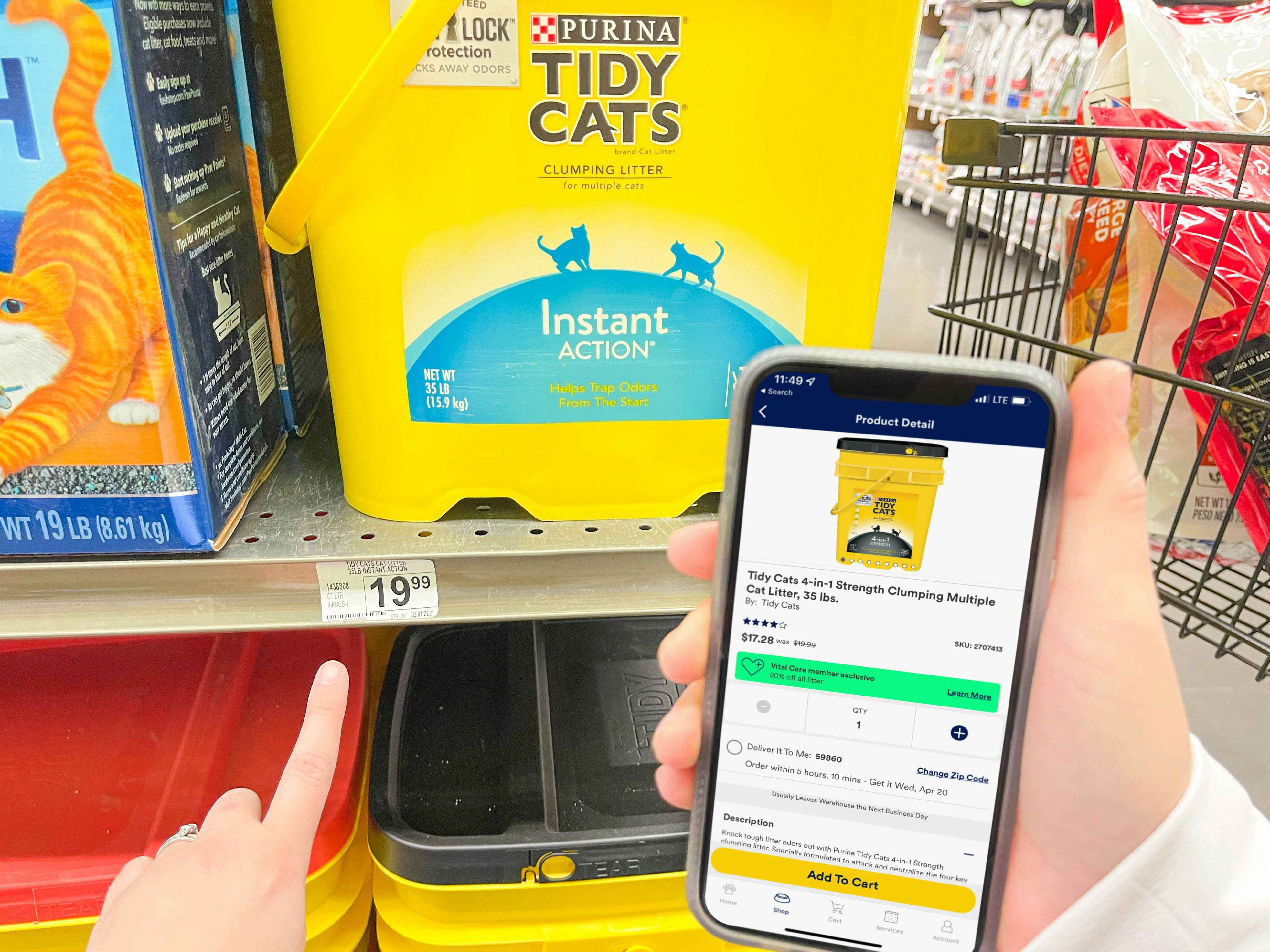 a person point at the price of cat litter on shelf with a cheaper price of the cat litter on cellphone from the petco app on screen
