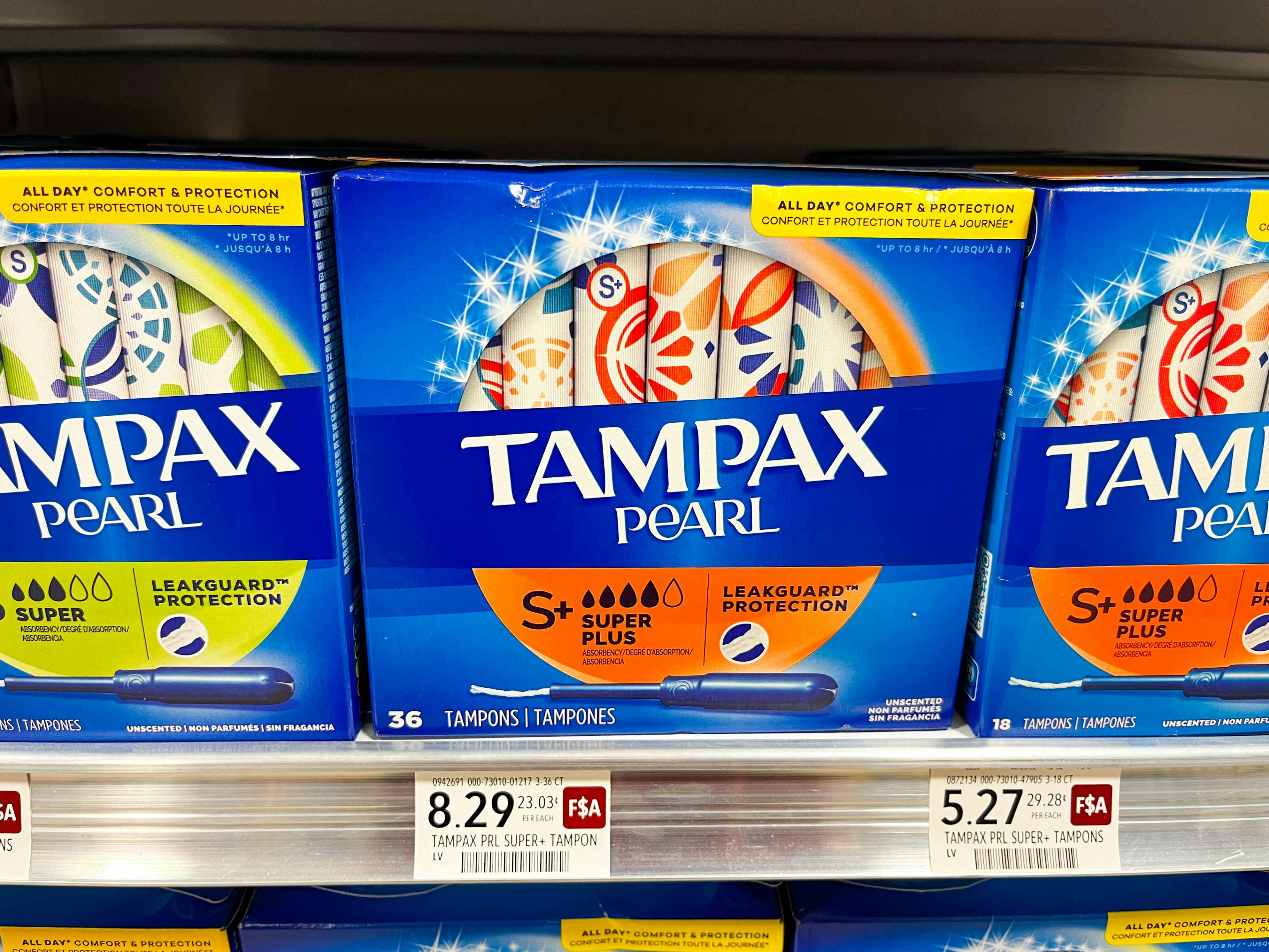 Boxes of Tampax Pearl tampons stocked on a shelf at Publix.