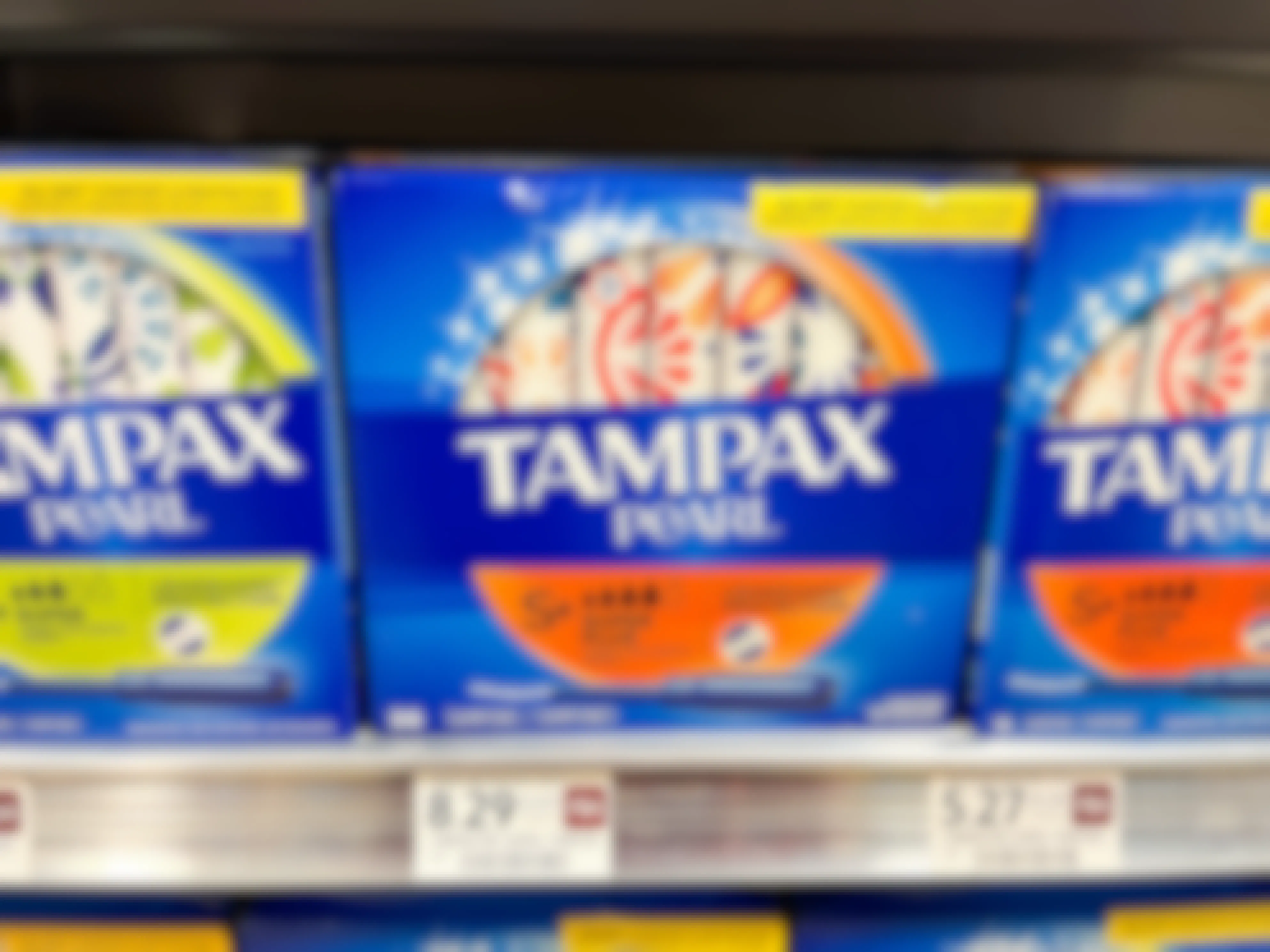 Boxes of Tampax Pearl tampons stocked on a shelf at Publix.