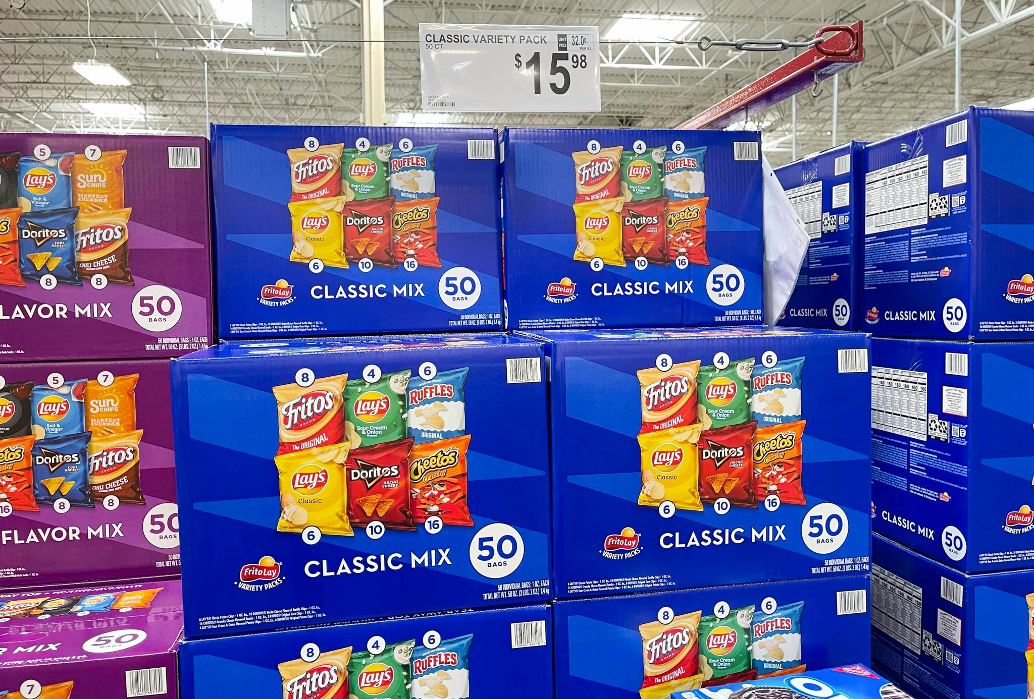 Boxes of Frito-Lay classic mix chips stocked on the sales floor at Sam's Club.