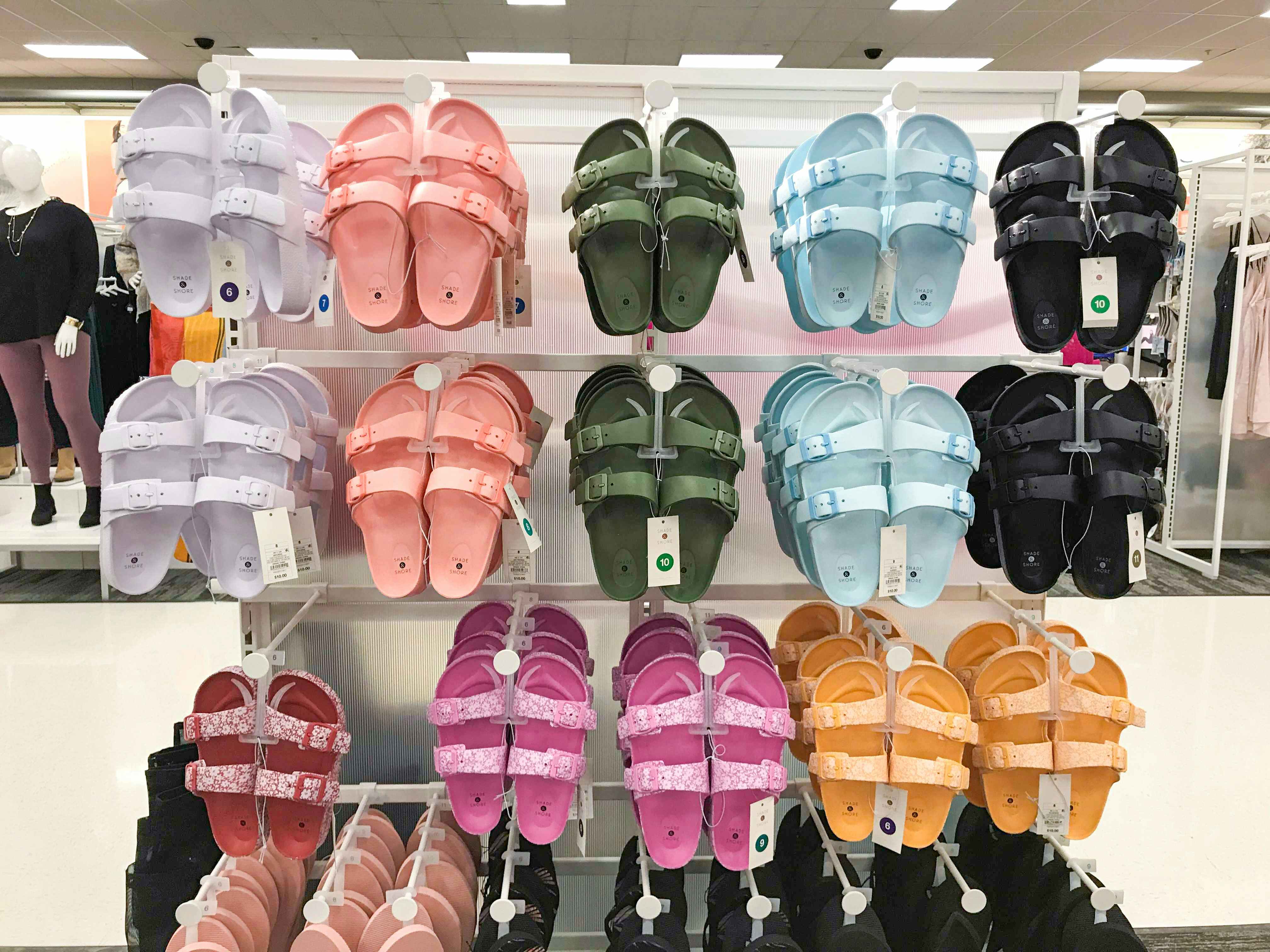 Target's display of dupe Birkenstock sandals.