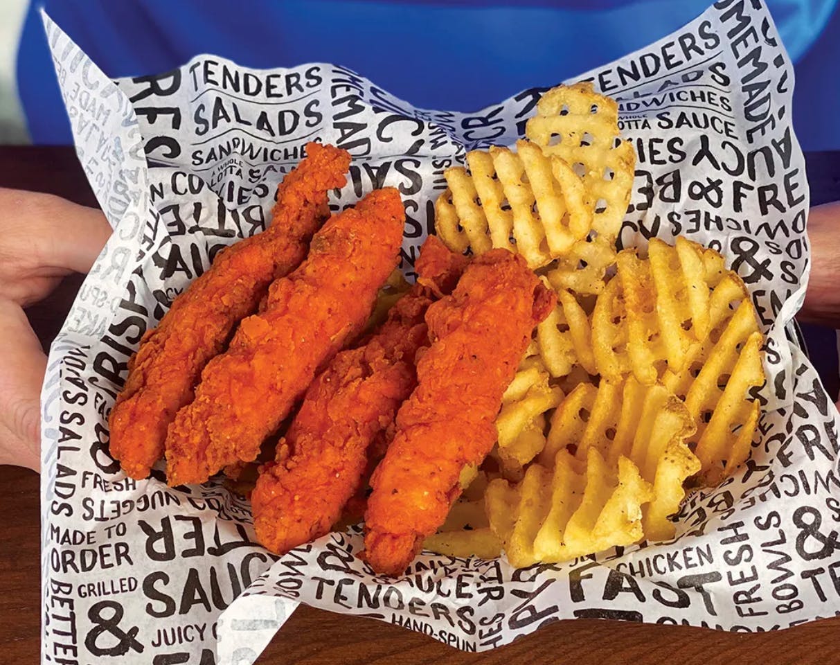spicy tenders and waffle fries from pdq