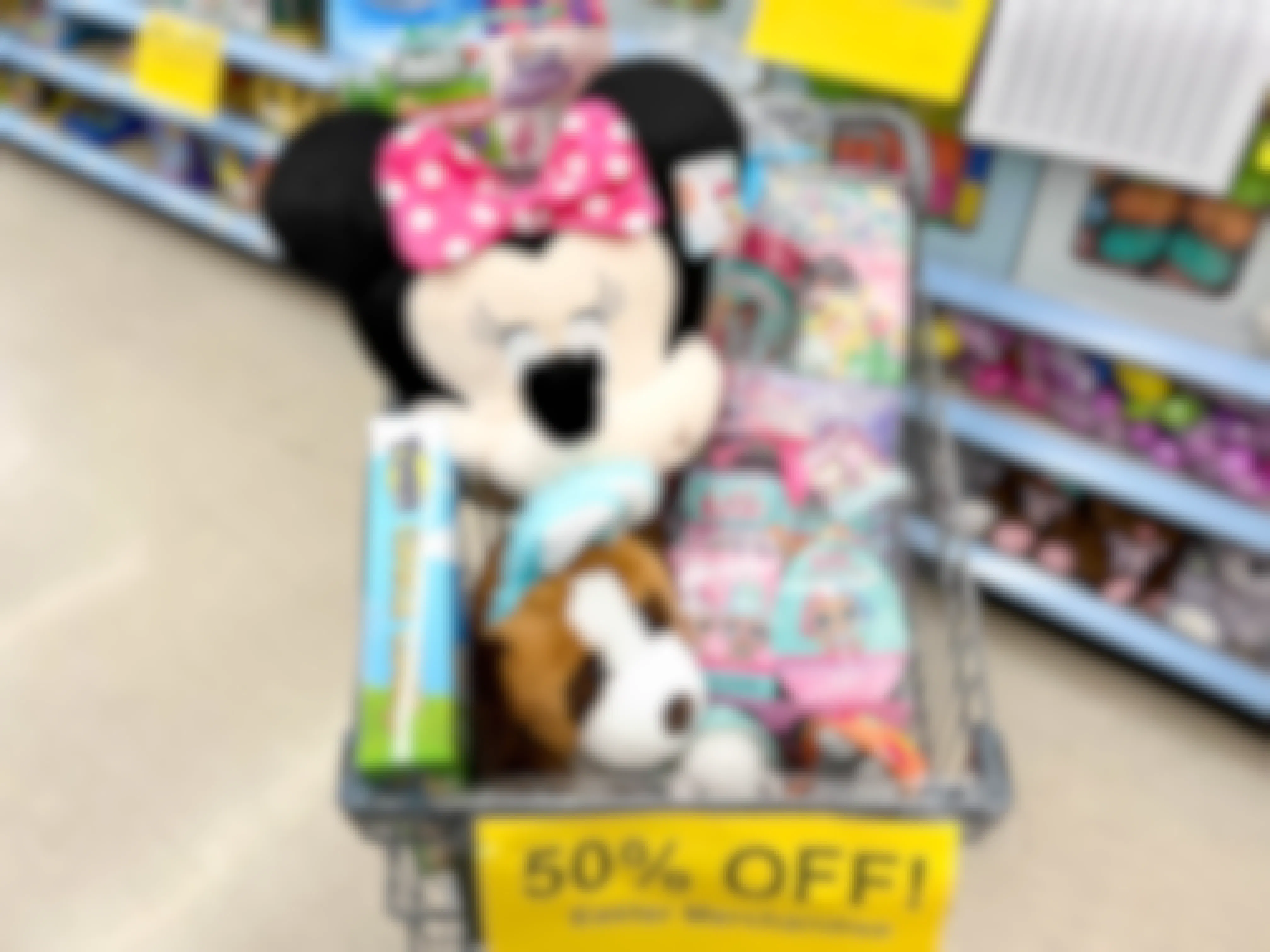 easter holiday clearance items in a Walgreens basket marked as 50% off