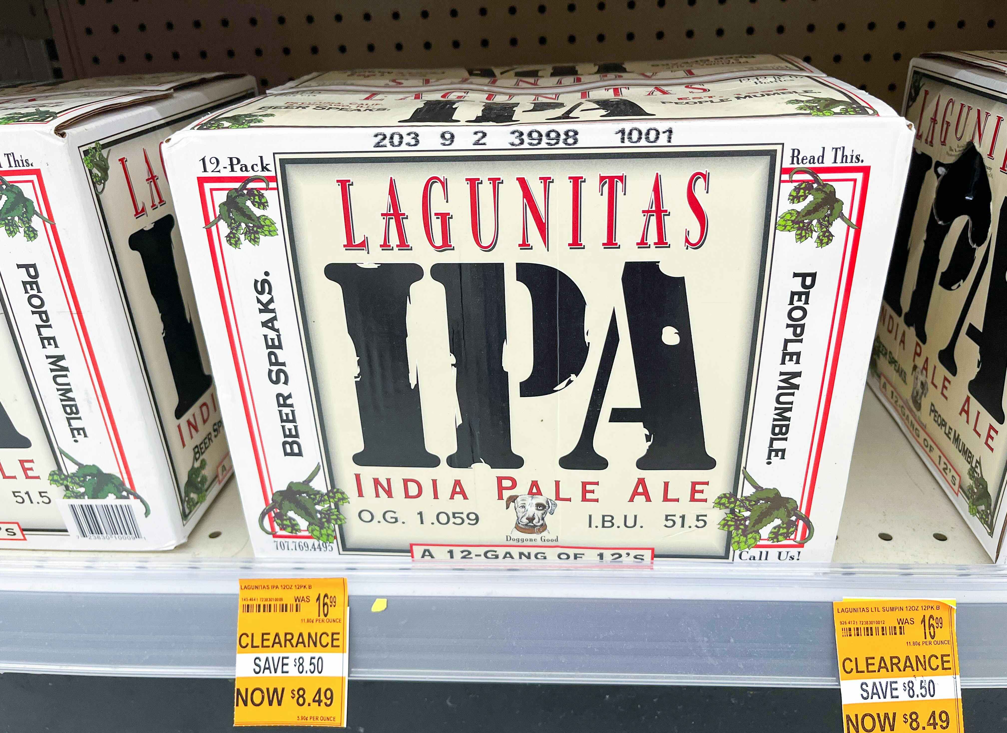 A case of Lagunitas IPA beer on a shelf at Walgreens.