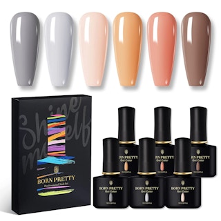 A set of six gel nail polish bottles.