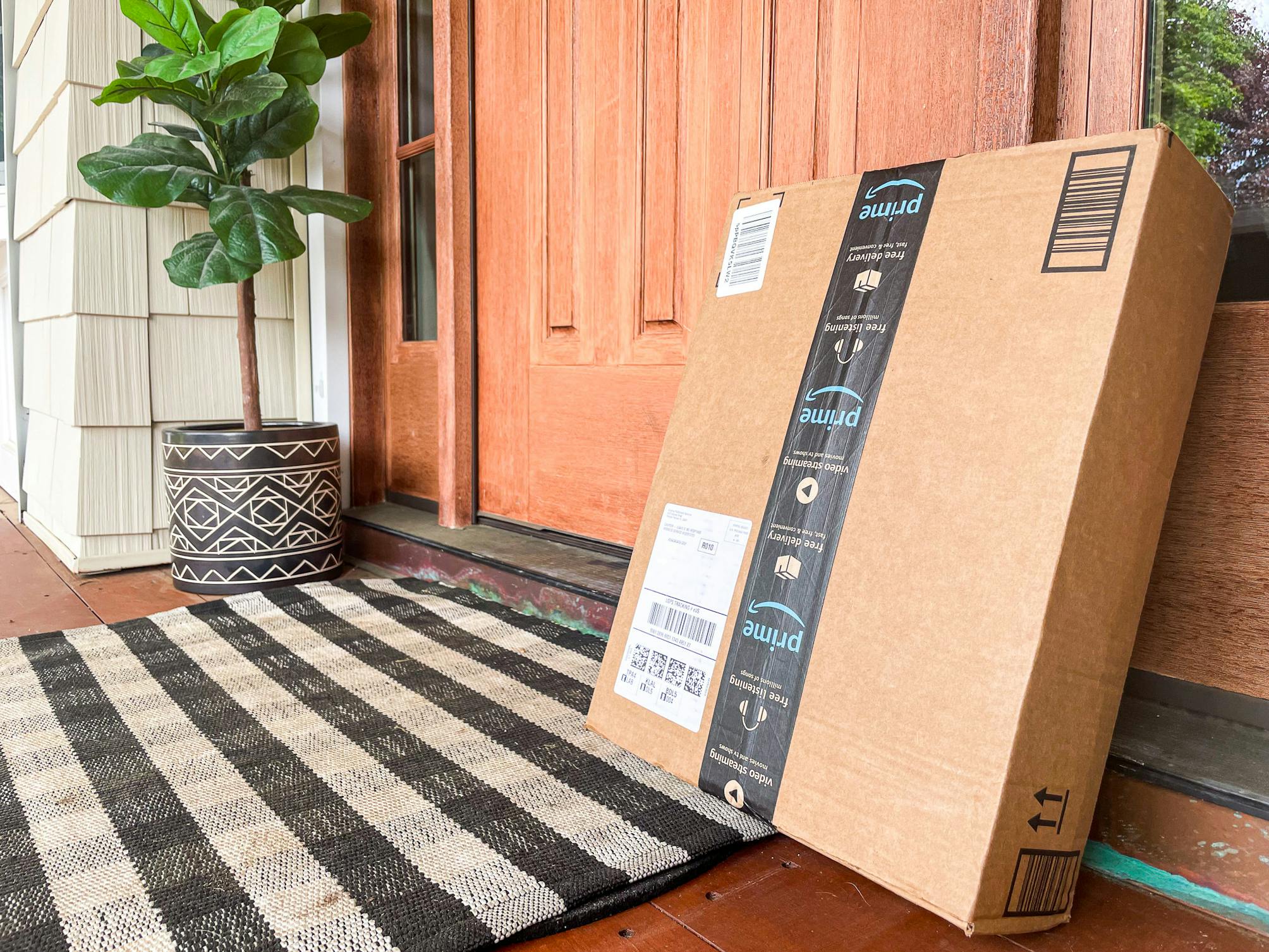 An Amazon box sitting on a front porch, leaning against the front door frame, next to a potted plant.
