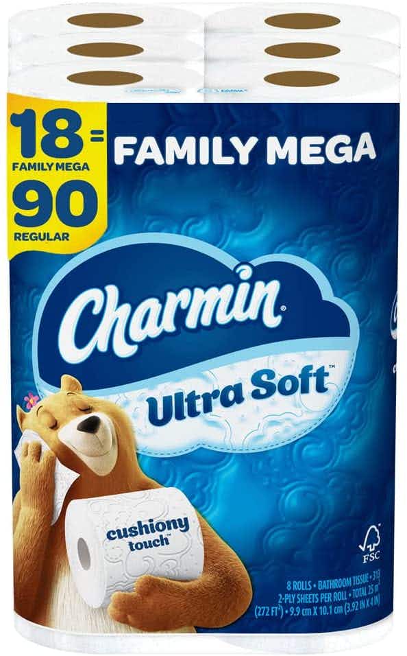 A pack of 18 Charmin family mega rolls.
