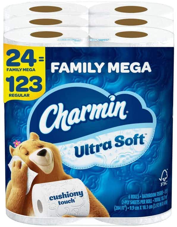 A family mega pack of Charmin Ultra Soft toilet paper.