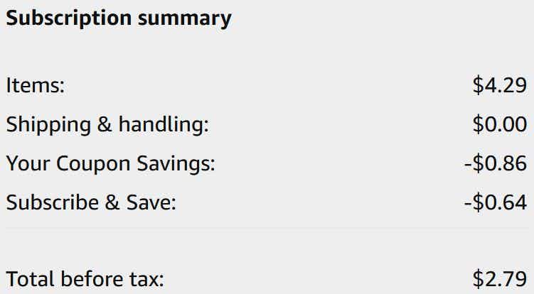 An Amazon subscription summary ending in $2.79.