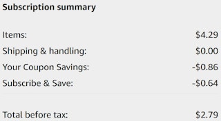 An Amazon subscription summary ending in $2.79.