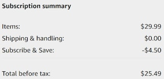 An Amazon subscription summary ending in $25.49.