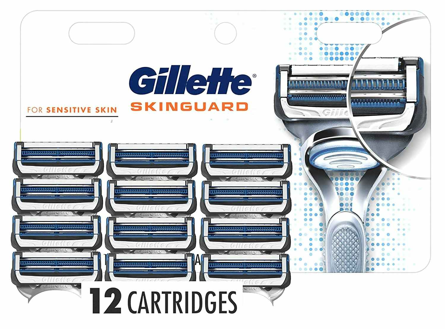 A pack of 12 Gillette SkinGuard cartridges.