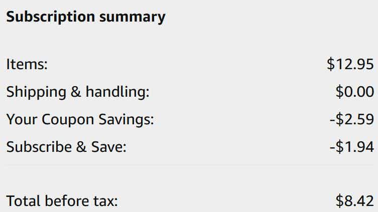 An Amazon subscription summary ending in $8.42.