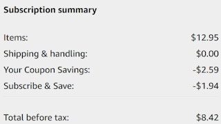 An Amazon subscription summary ending in $8.42.