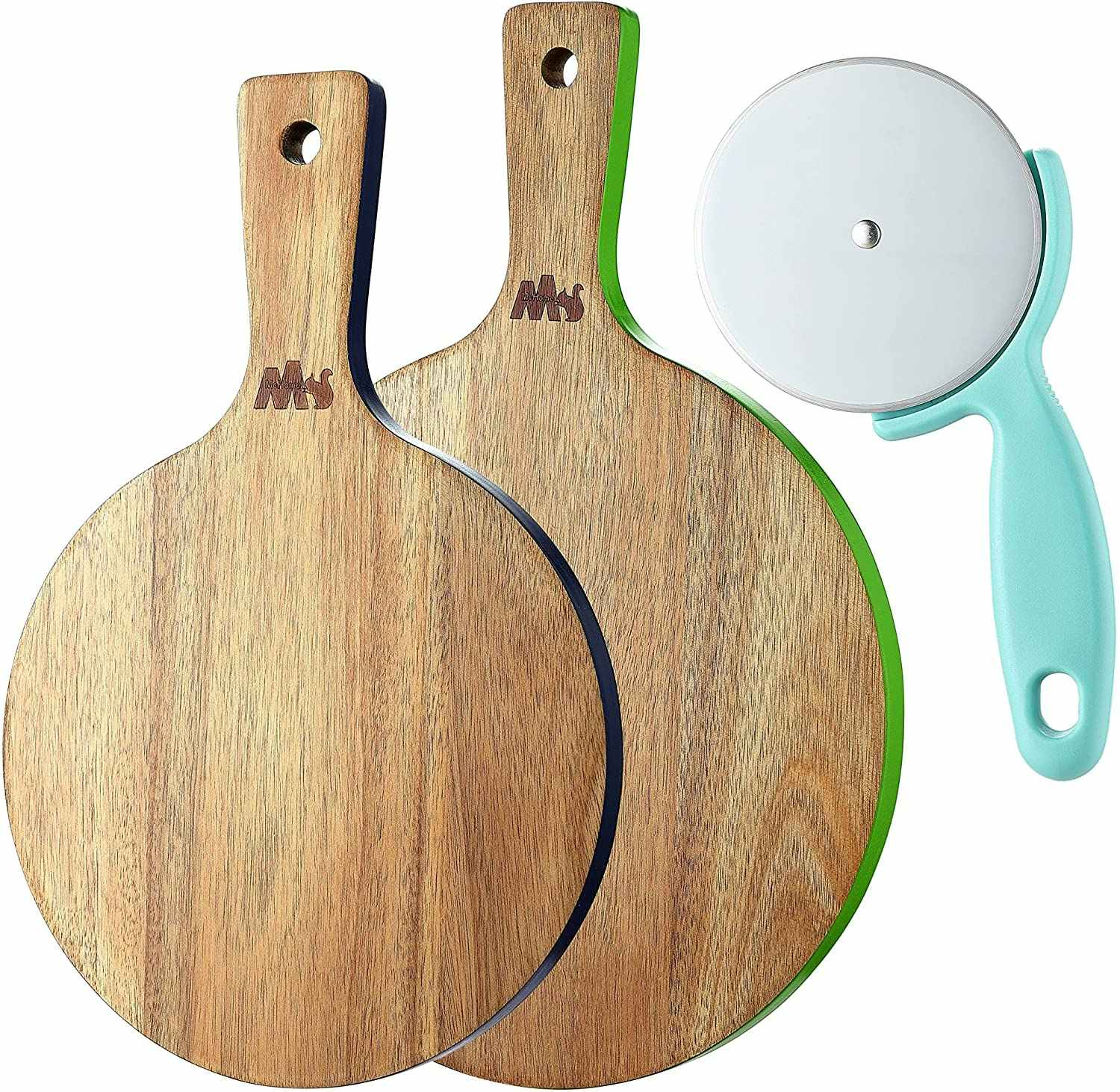 A pizza cutter and peel set.