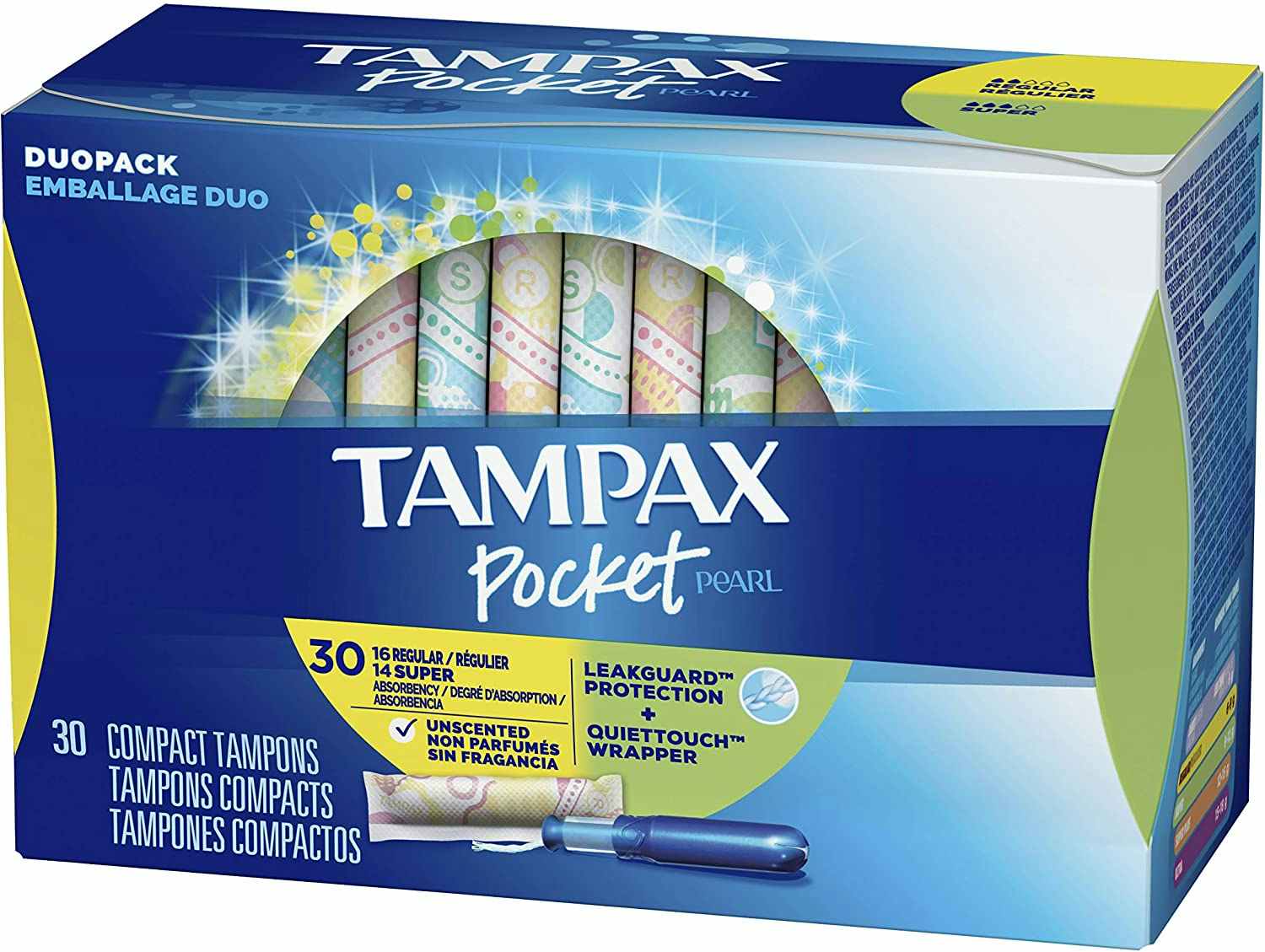 A duopack of Tampax pocket pearl tampons.