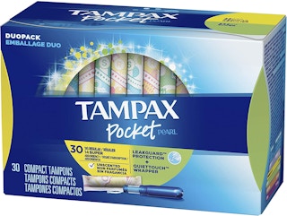 A duopack of Tampax pocket pearl tampons.
