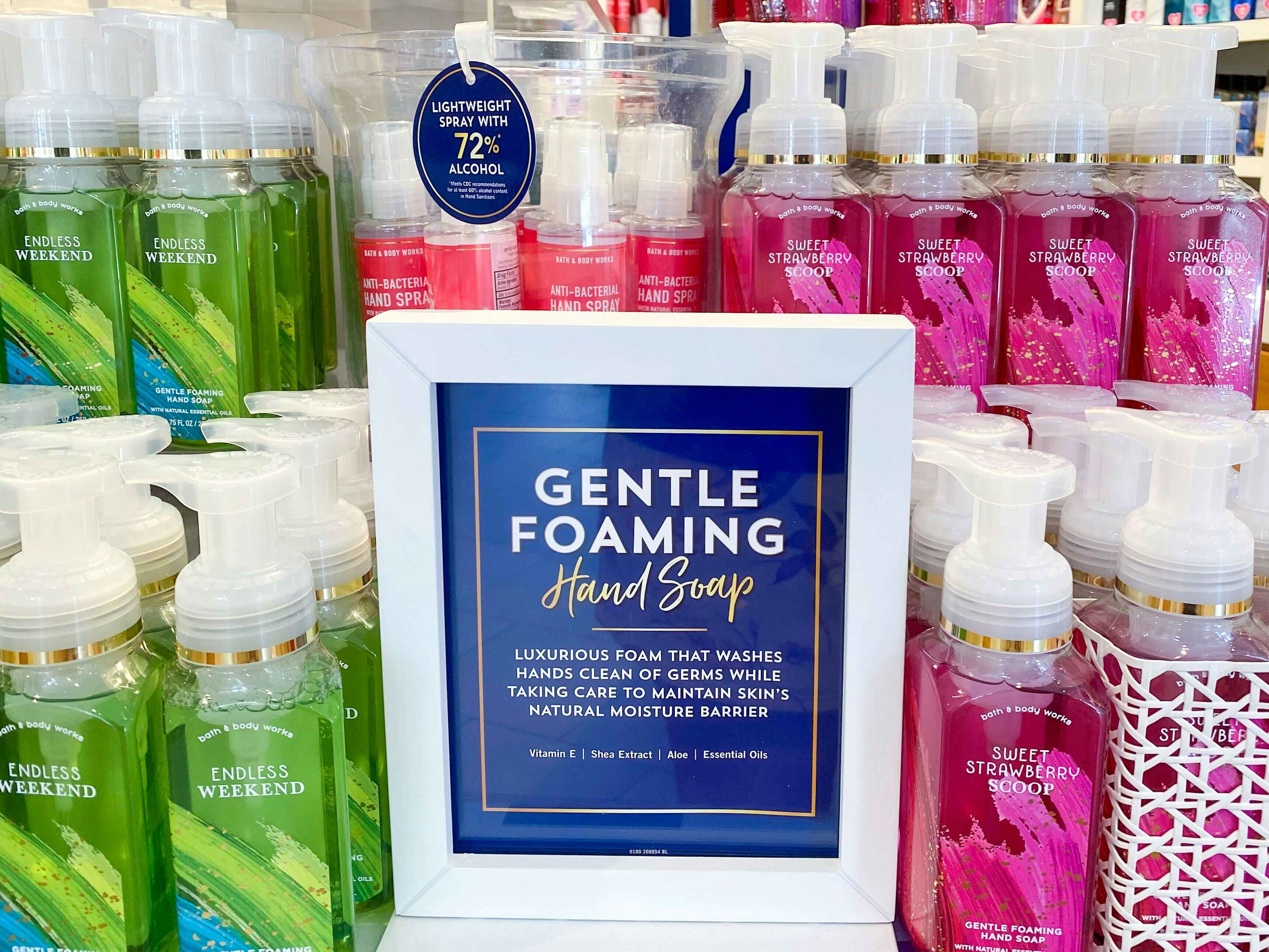 A display of gentle foaming pump hand soaps at Bath & Body Works.