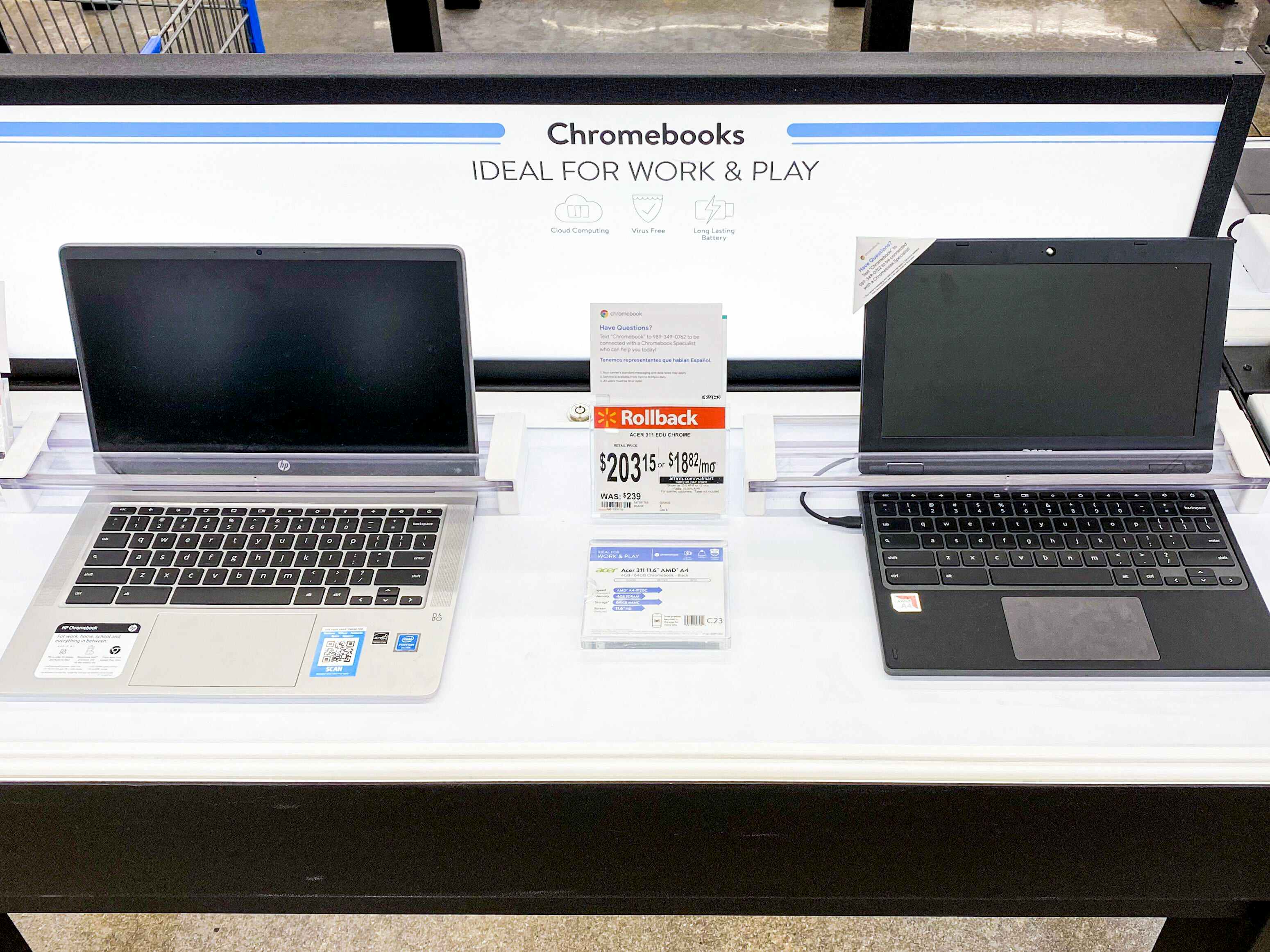 Chromebook laptop computers on display at Walmart.