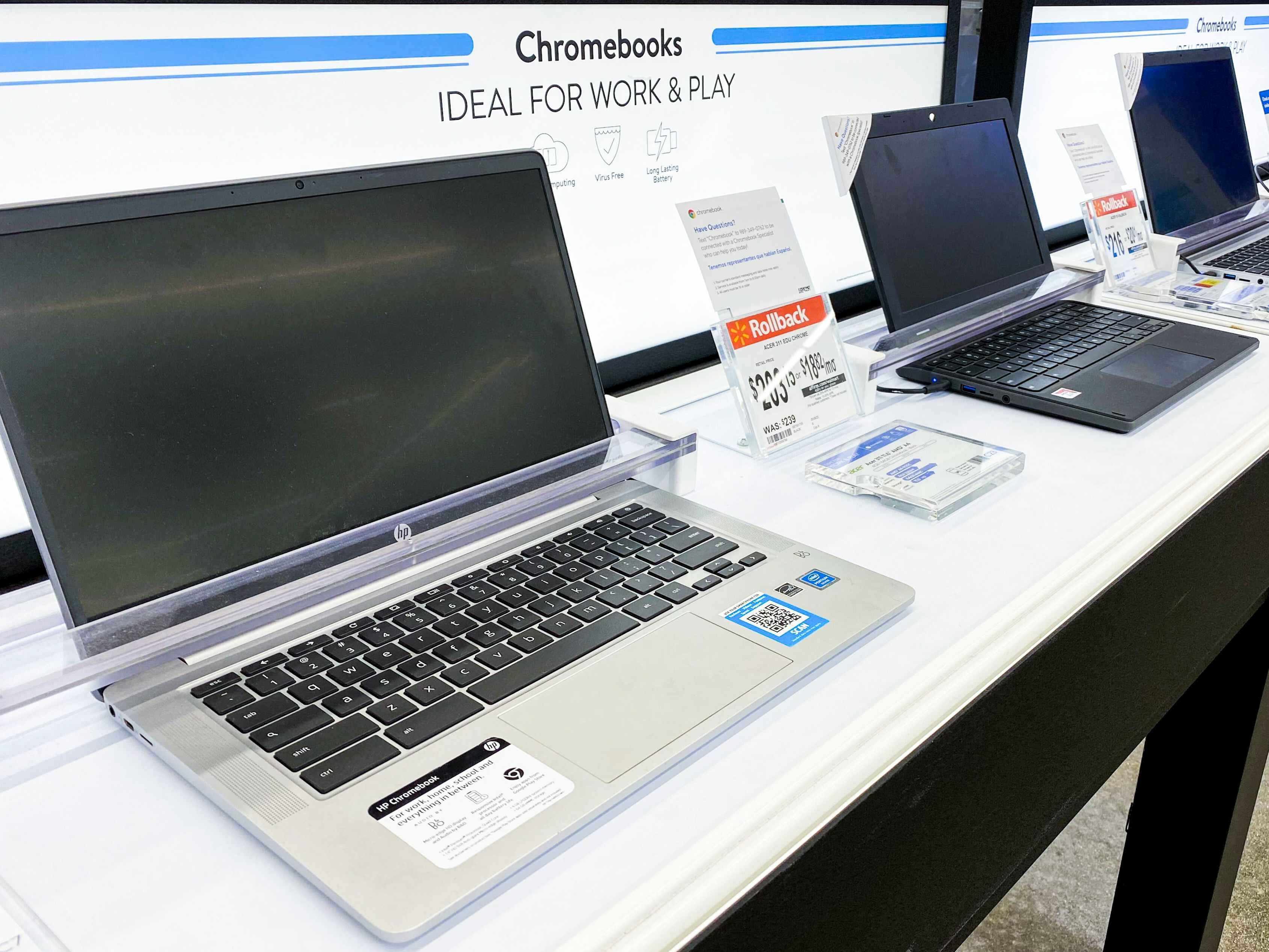 Chromebook laptop computers on display at Walmart.