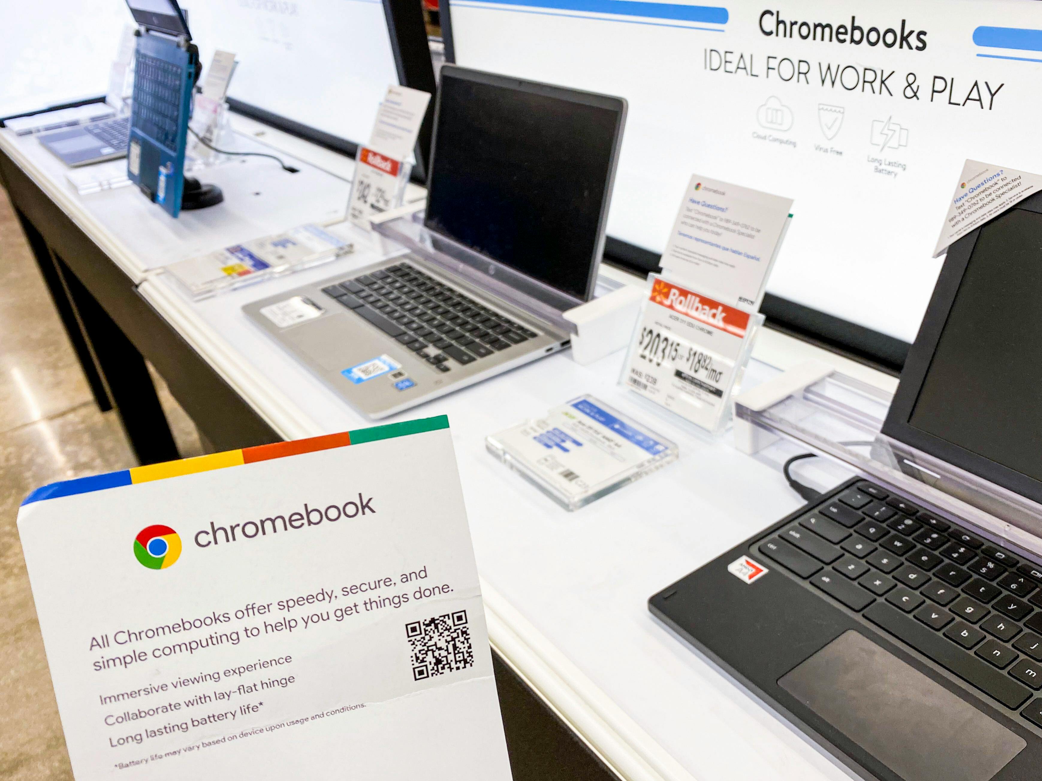 Chromebook laptop computers on display at Walmart.