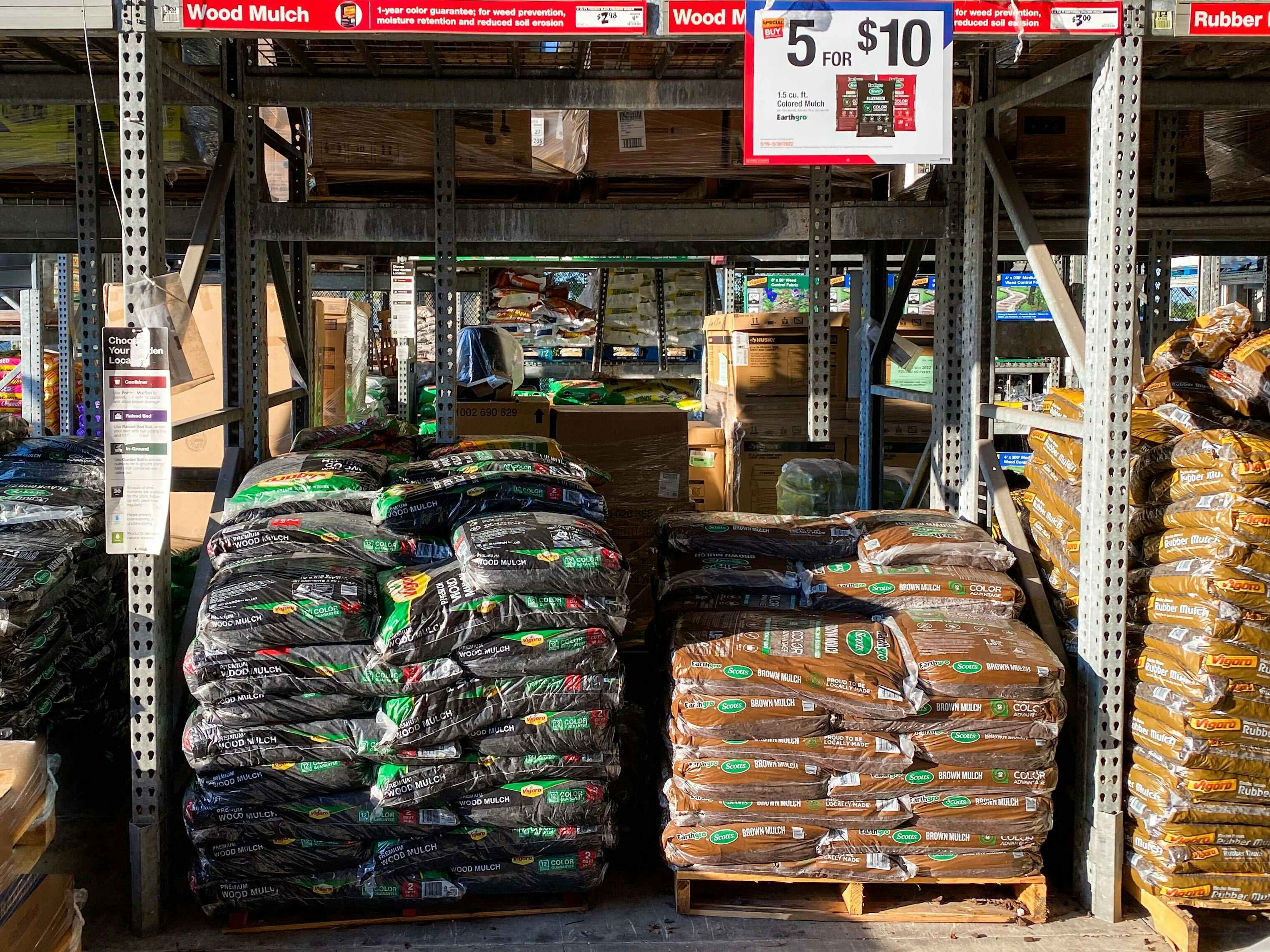 bags of earthgrow mulch stacked in the garden center