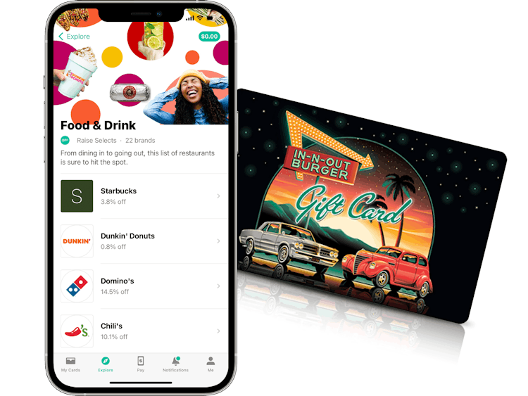 A graphic of a phone displaying the Raise app next to an In-N-Out gift card.