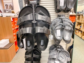 sonoma sandals on hangers in store