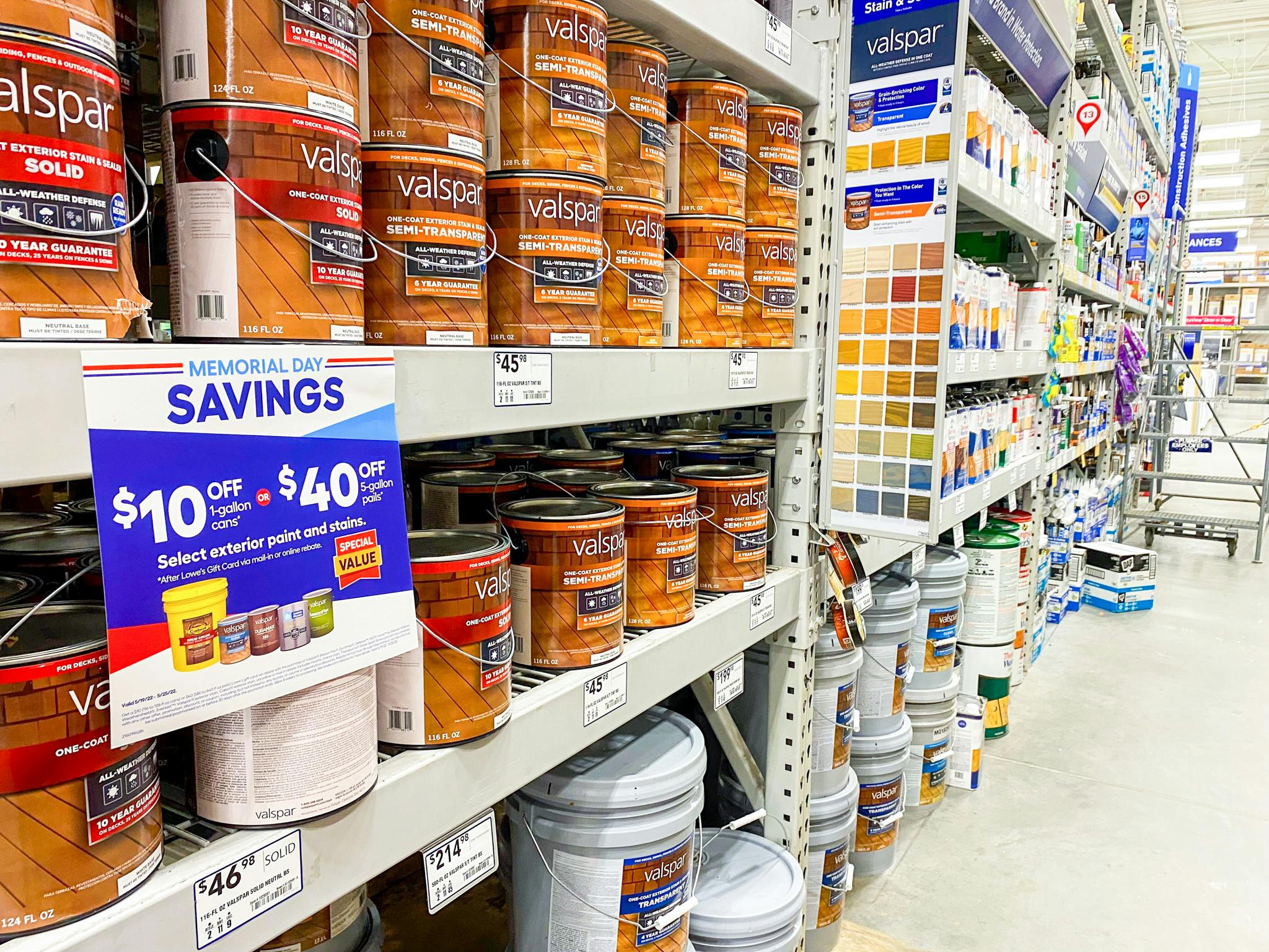 Memorial Day paint and stain savings sign at Lowe's