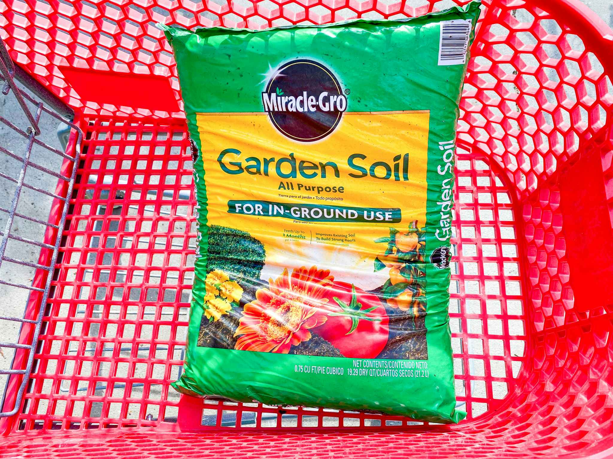 Miracle Gro Garden Soil in Lowe's shopping cart