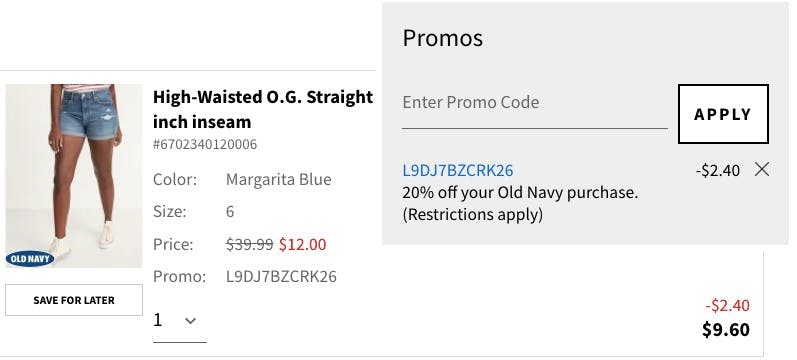 A screenshot of the cart of someone checking out on Old Navy's website, using a discount code to get 20% off. 