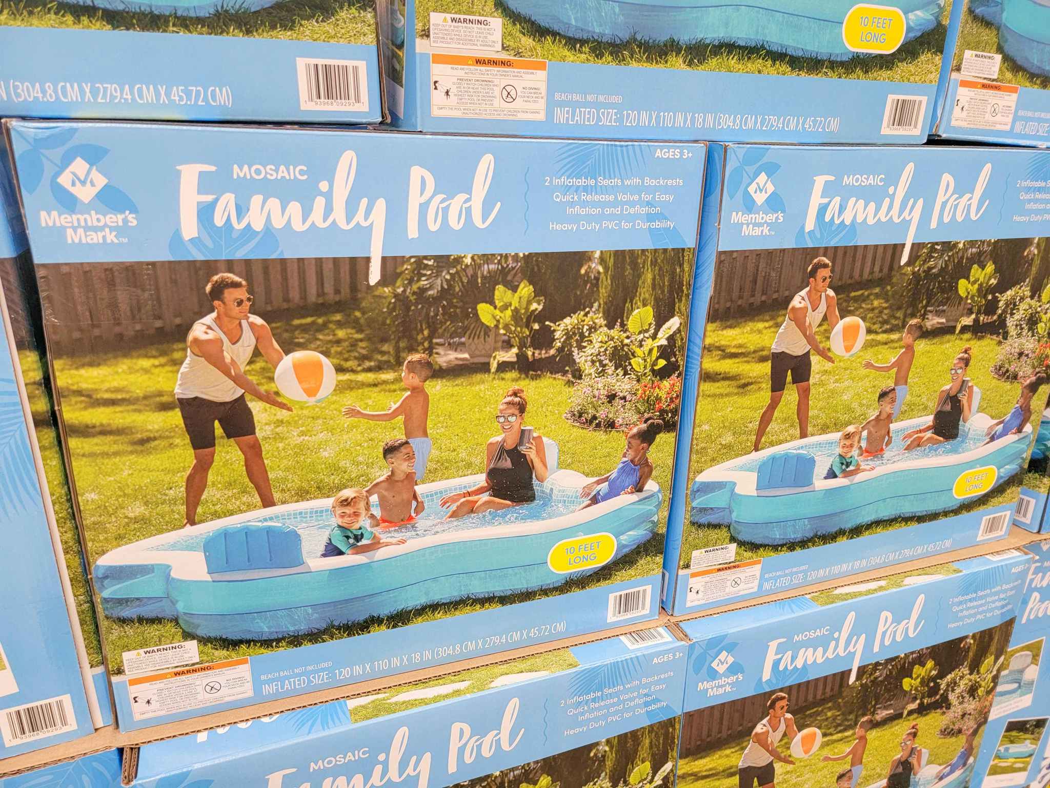 display of inflatable family-size pools