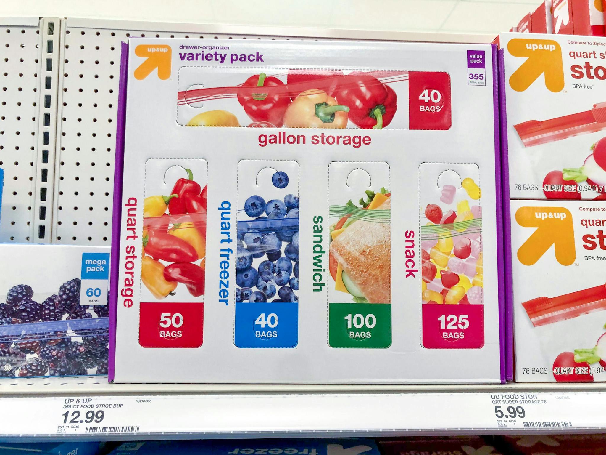 a 355-count variety pack of plastic food storage bags on the shelf at Target