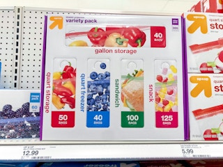 a 355-count variety pack of plastic food storage bags on the shelf at Target