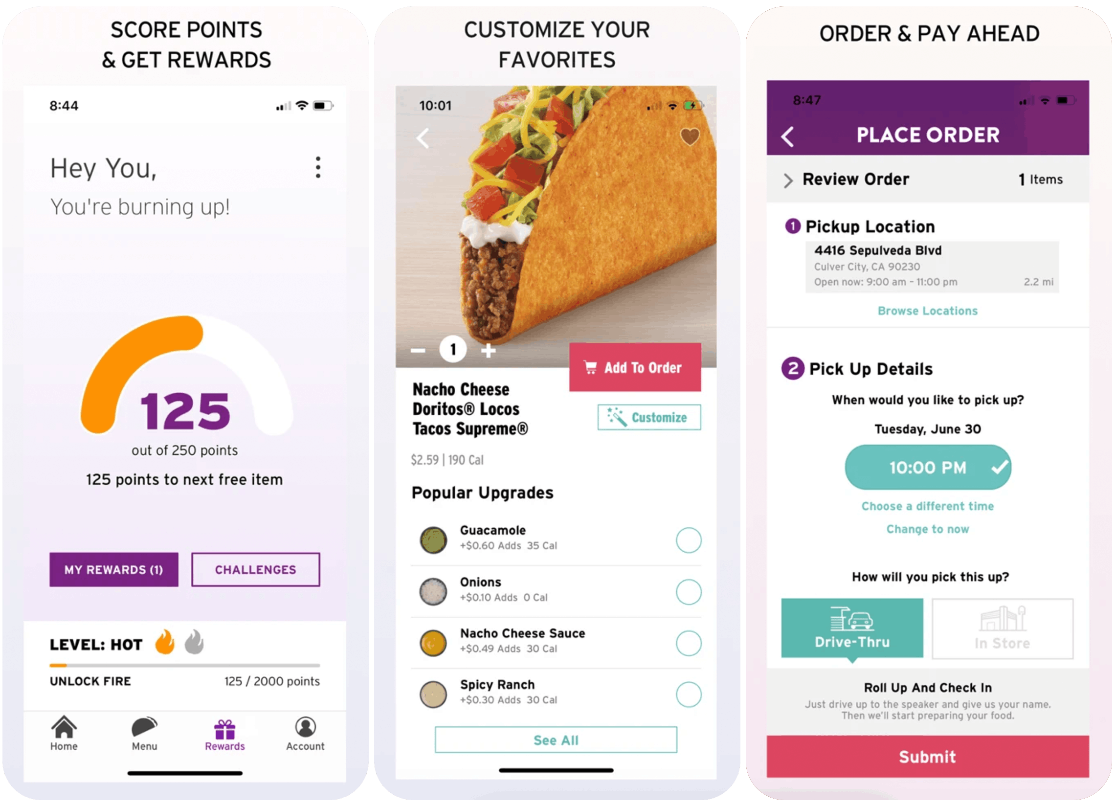 A graphic advertising the Taco Bell mobile app's points and rewards feature, order customizations, and its ordering ahead feature.