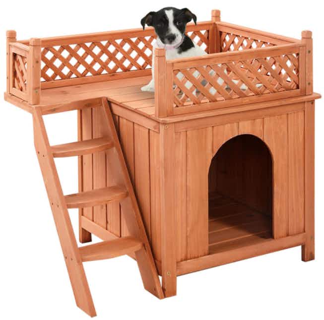 Wooden Raised Roof Balcony Dog House