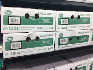 Boxes of Great Value eggs at Walmart